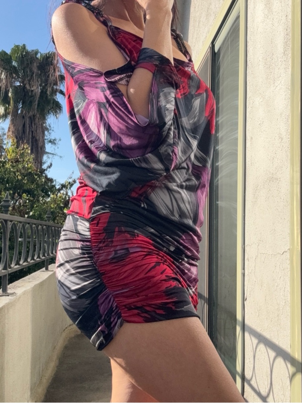 Brand New Cold Shoulder Ruched Longline Mini Dress W Chain Strap